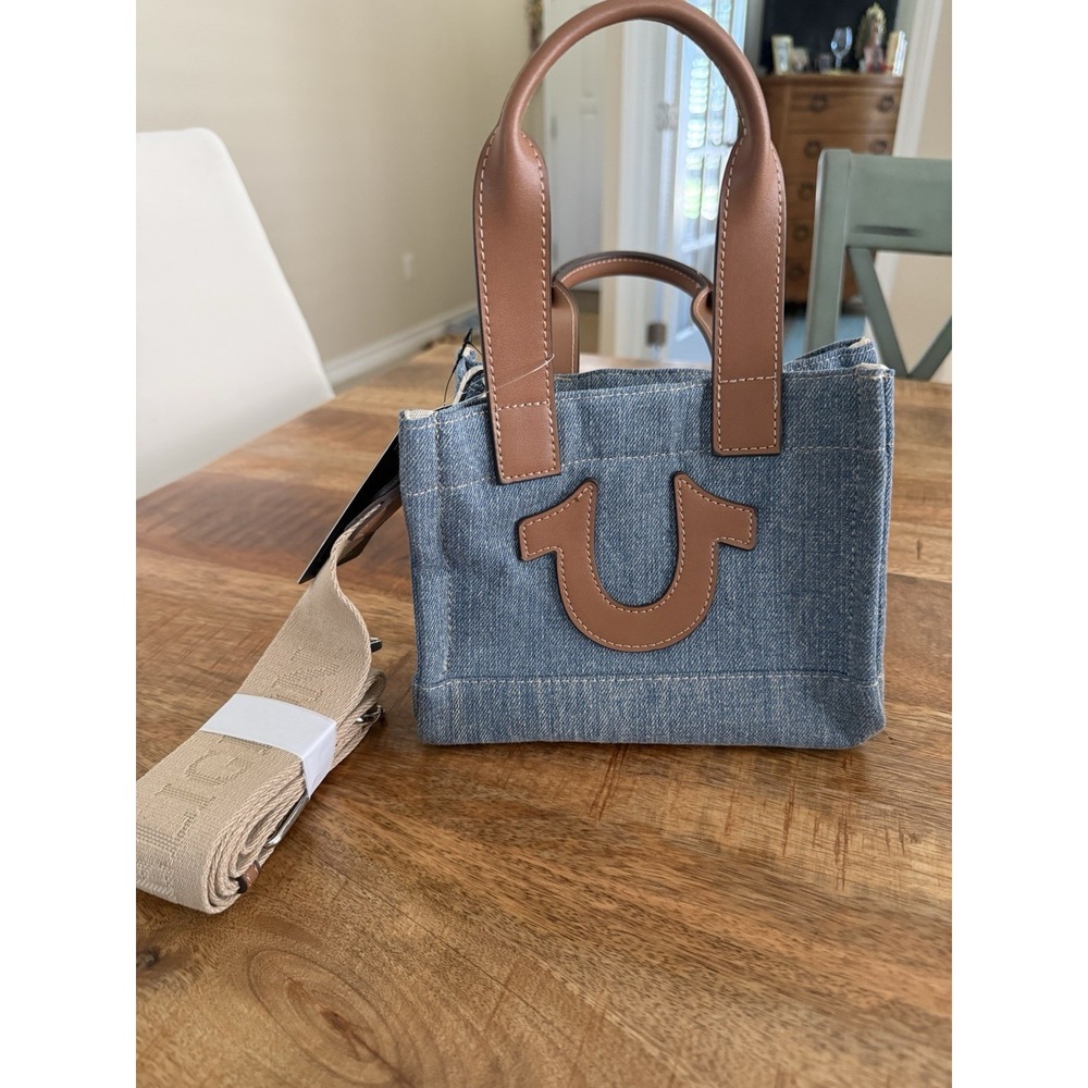 True Religion Mini Denim Tote Bag Brown Leather Trim Top Handle Crossbody NWT